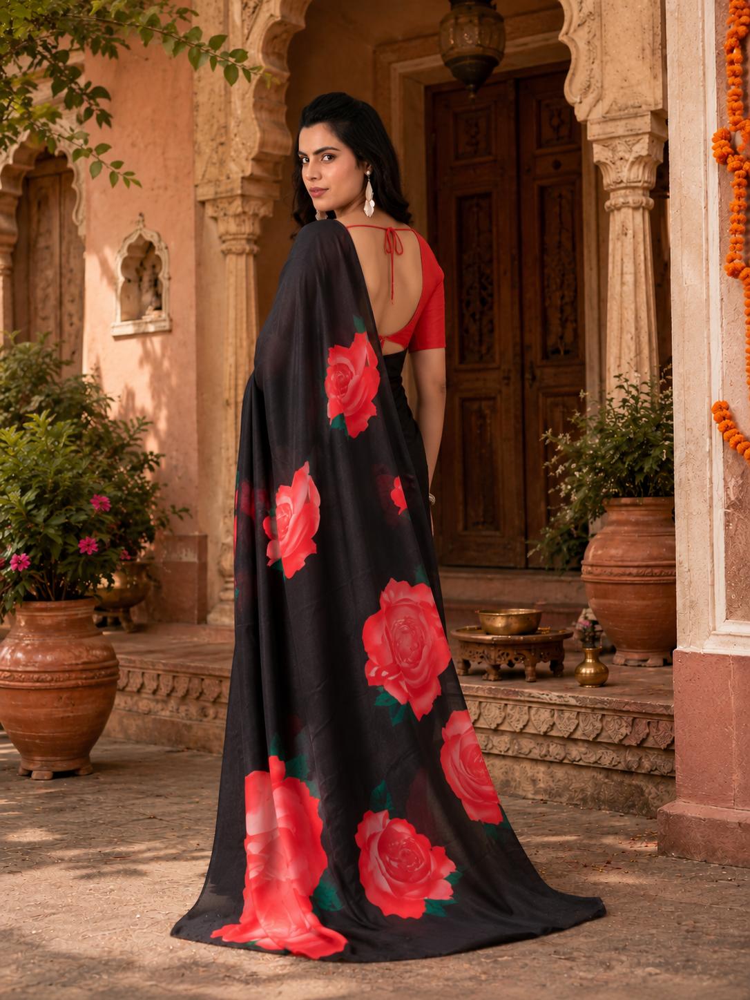 Georgette Satin Floral Printed Saree With Unstitched Blouse(black) image 2