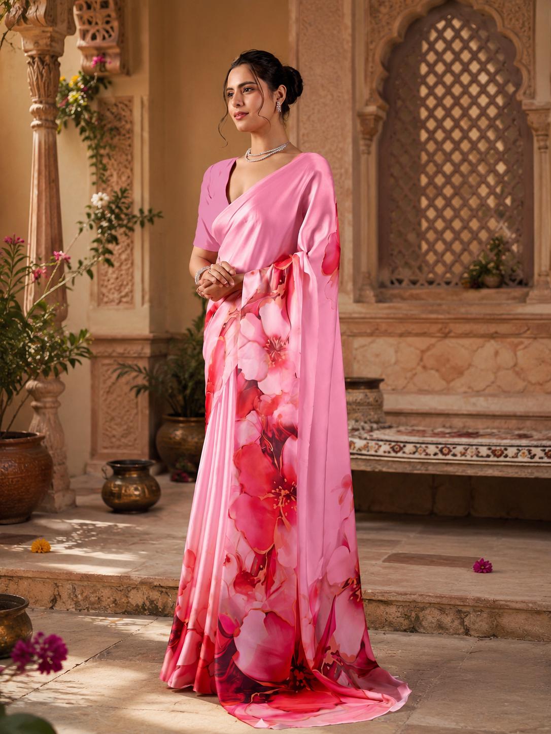 Georgette Satin Floral Printed Saree With Unstitched Blouse(pink) image 2