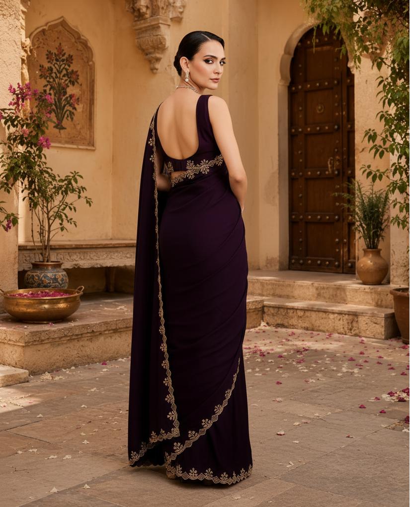Soft Elegant Georgette Satin Saree With Unstitched Blouse(wine) image 2