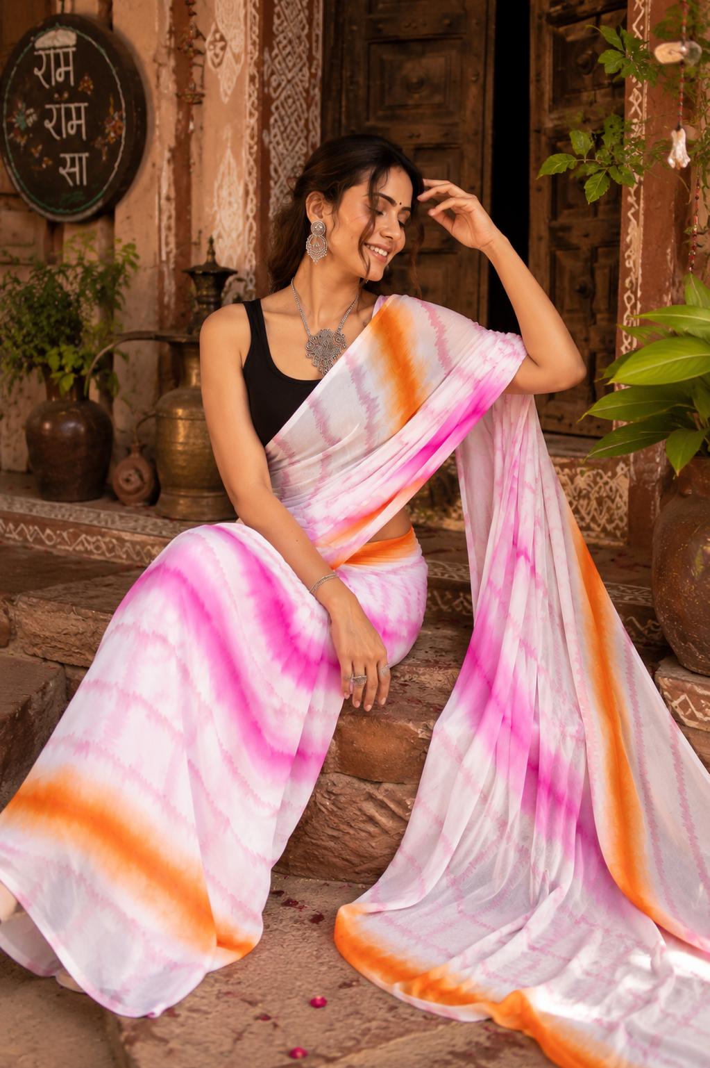 Georgette Ready To Wear Saree With Unstitched Blouse(orange) image 2
