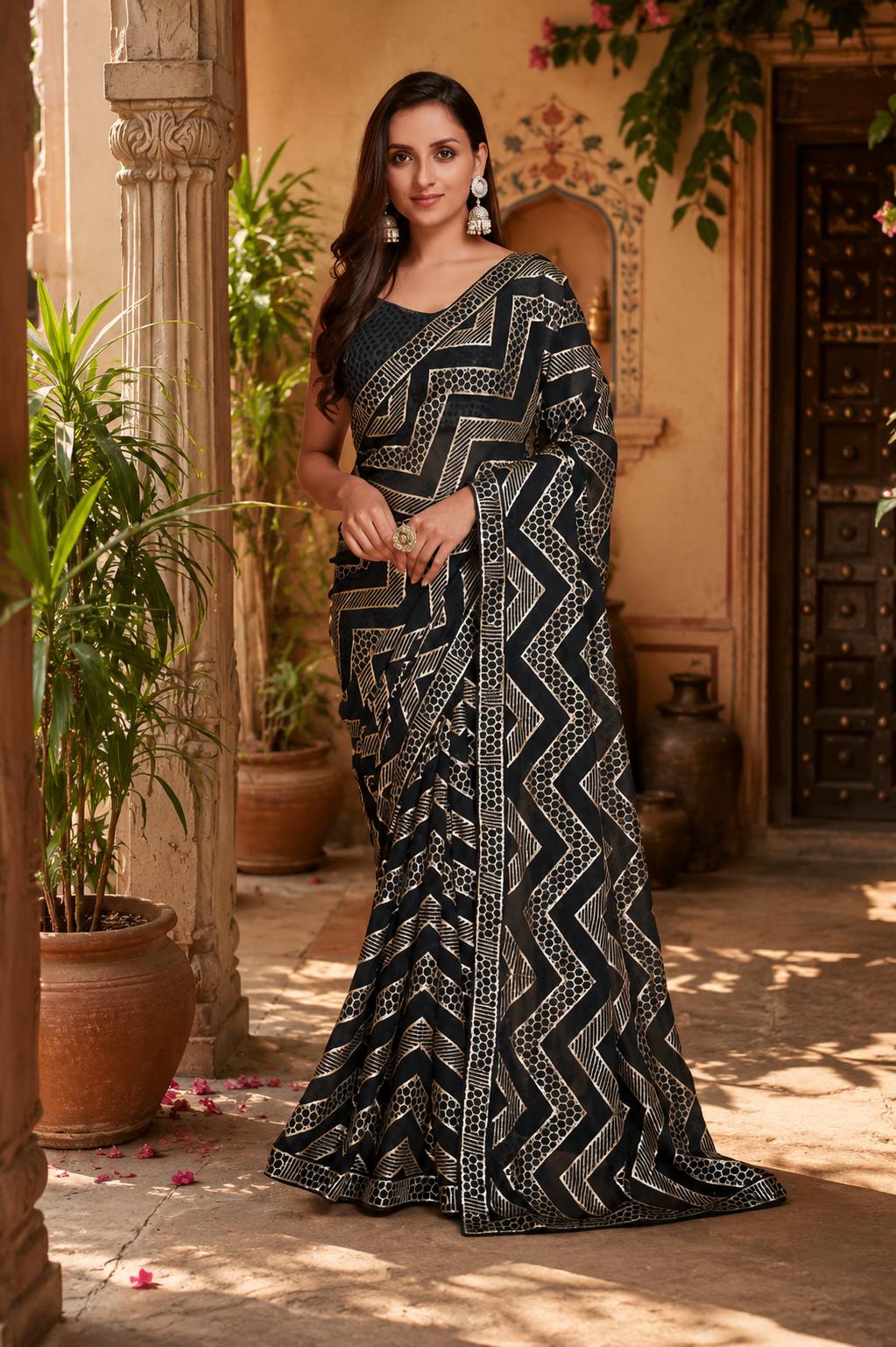 Premium Georgette Sequence Work Saree Within Unstitched Blouse(black) image 2