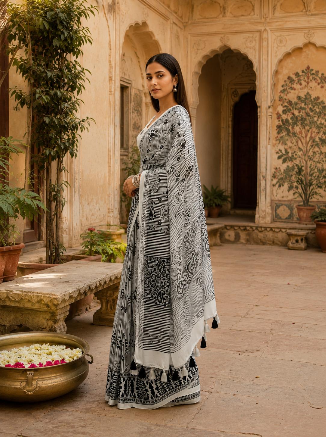 Mulberry Ikat Silk Printed Saree With Unstitched Blouse(grey) image 2