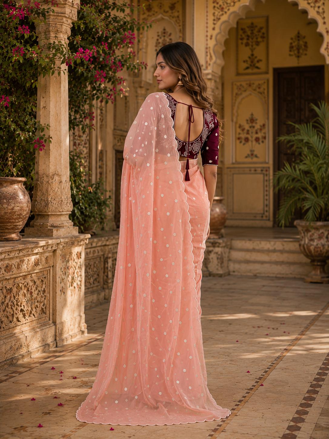 Georgette Embroidery Work Saree With Unstitched Blouse(pink) image 2