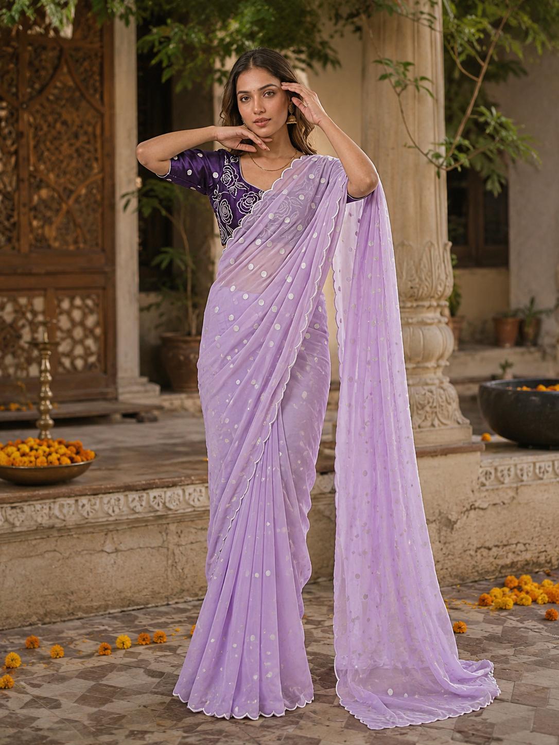 Georgette Embroidery Work Saree With Unstitched Blouse(violet) image 2