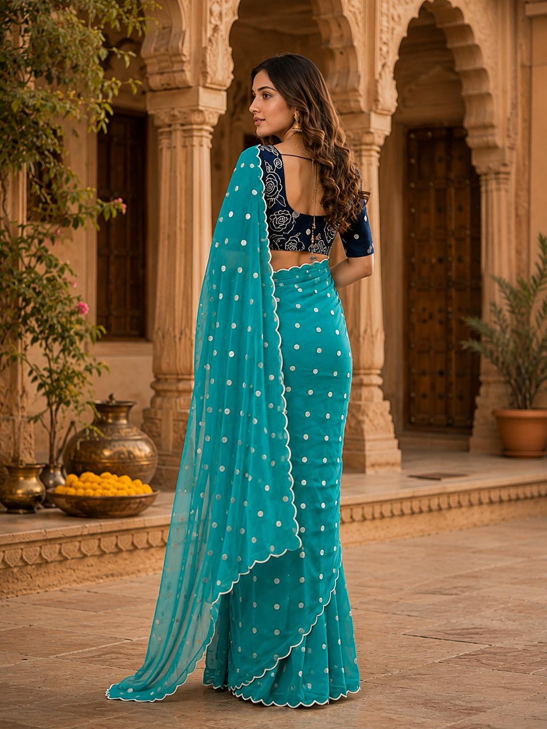 Georgette Embroidery Work Saree With Unstitched Blouse(blue) image 2