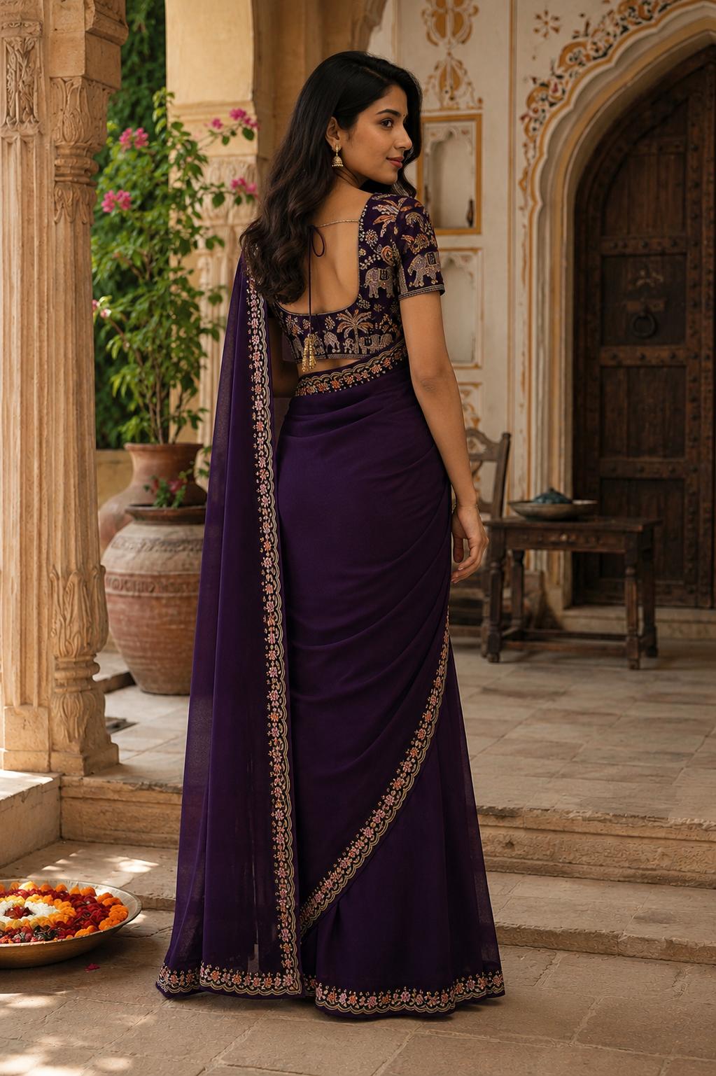 Sequins Embroidery Georgette Saree With Unstitched Blouse(wine) image 2