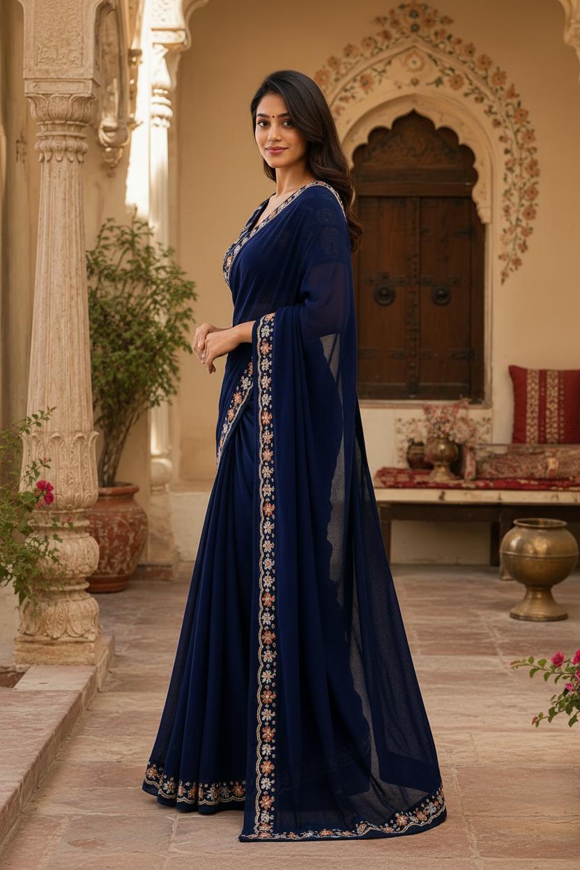 Sequins Embroidery Georgette Saree With Unstitched Blouse(blue) image 2