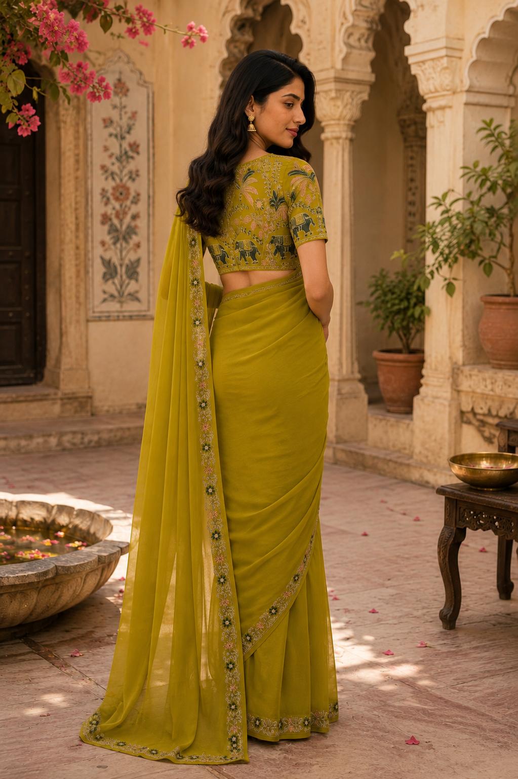 Sequins Embroidery Georgette Saree With Unstitched Blouse(mustard) image 2