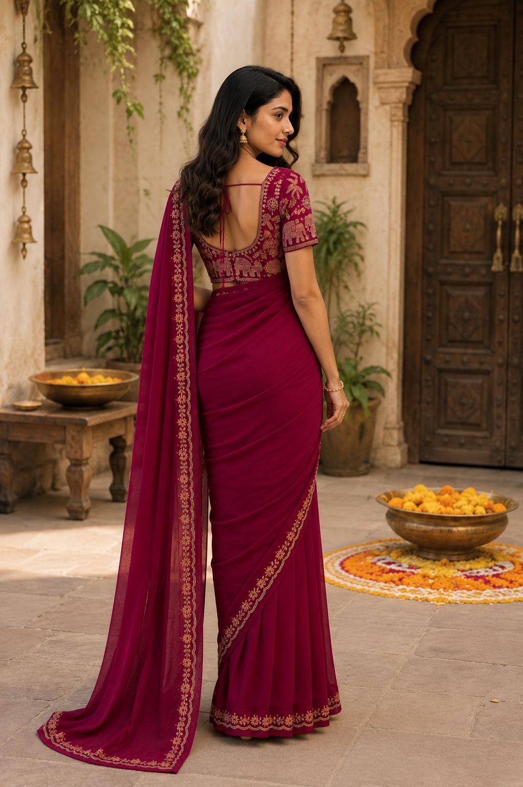 Sequins Embroidery Georgette Saree With Unstitched Blouse(rani) image 2