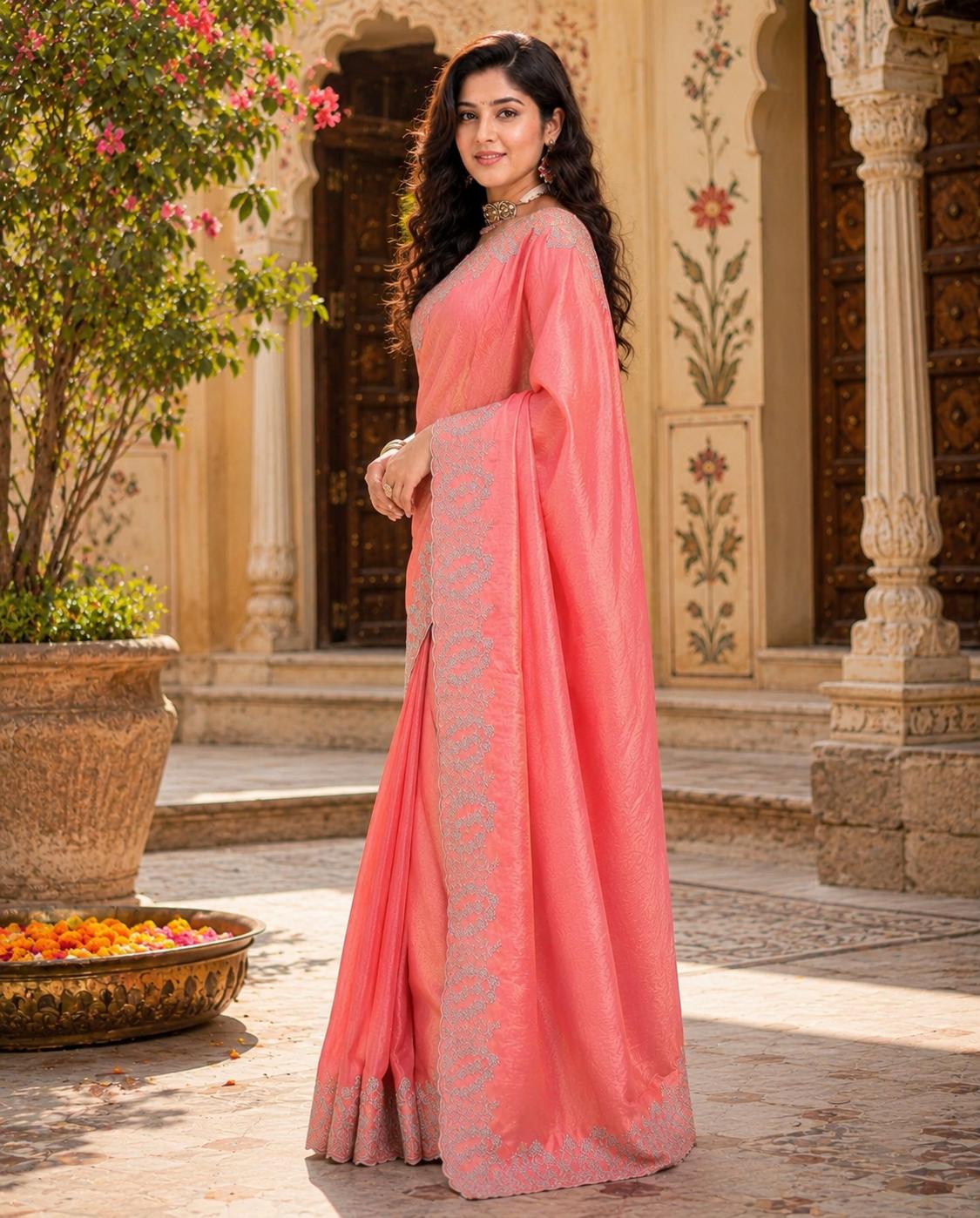 Satin Embroidery Work Saree With Unstitched Blouse(pink) image 2