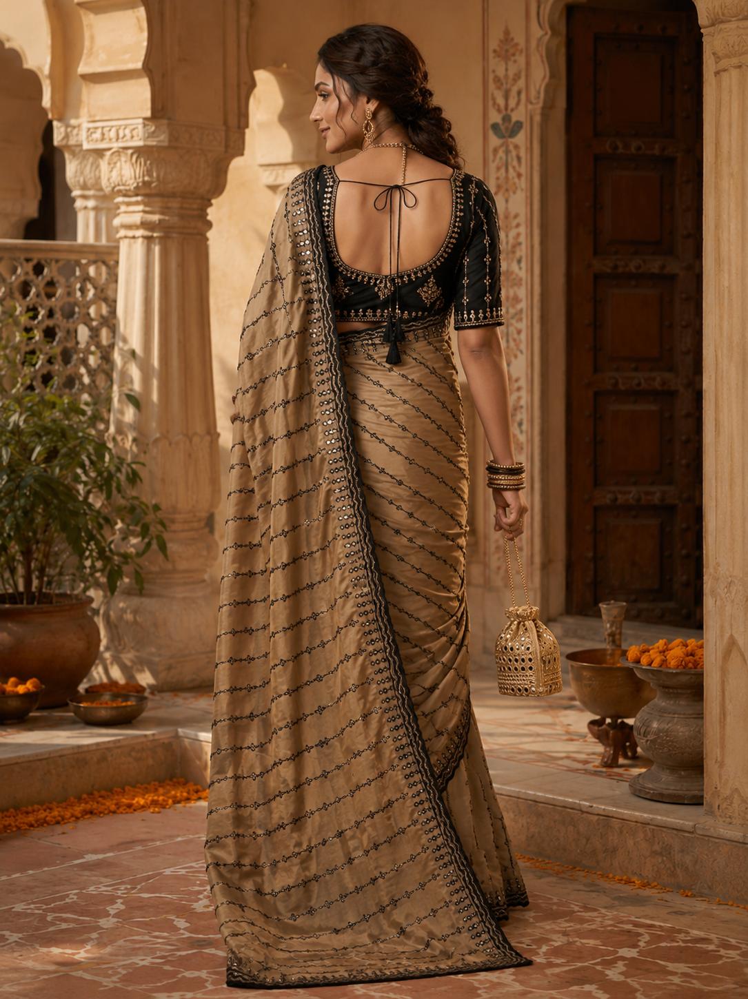 Rangoli Silk Embroidery Mirror Work Saree With Unstitched Blouse(golden) image 2