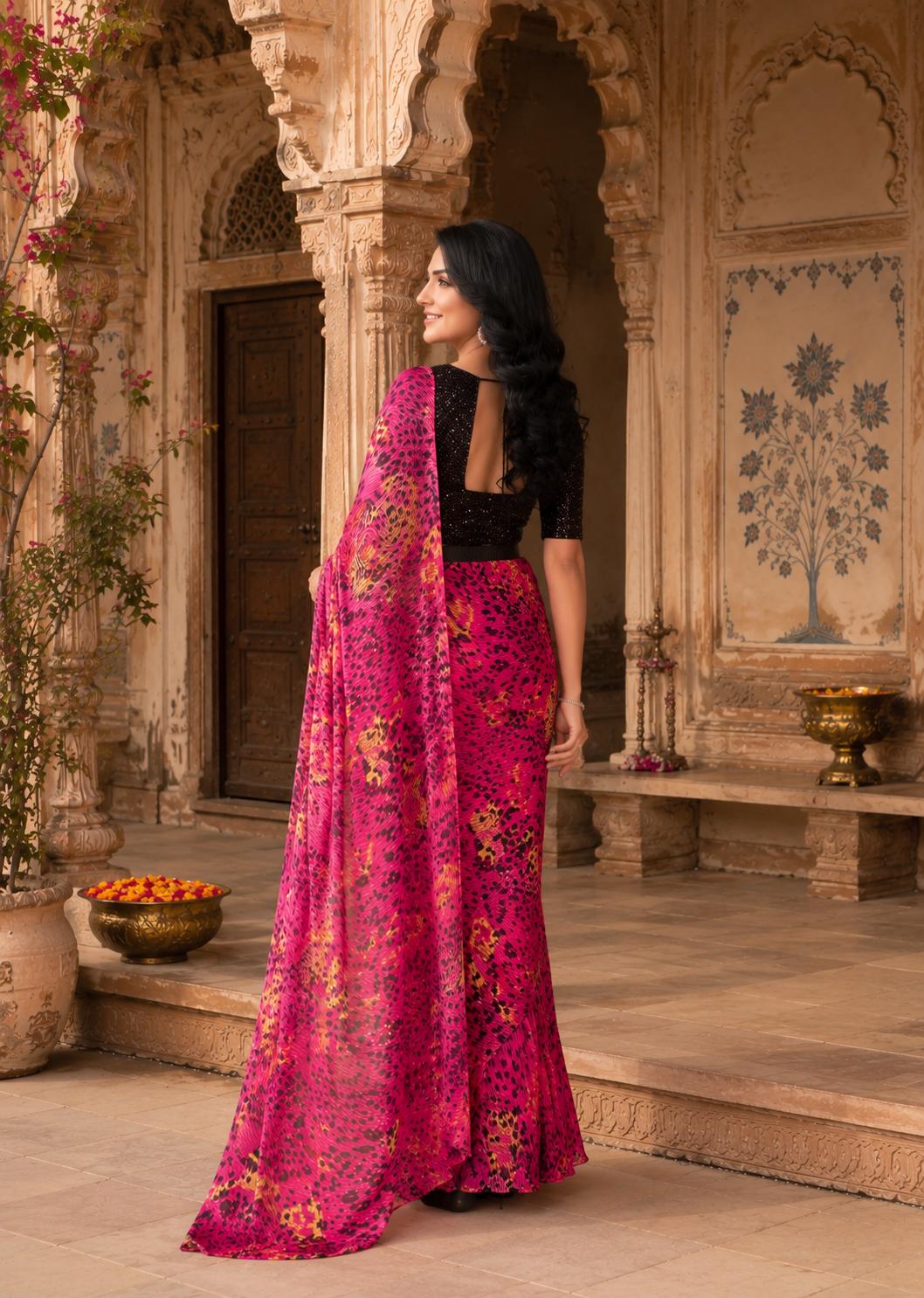Satin Silk Floral Printed Saree With Unstitched Blouse(pink) image 2