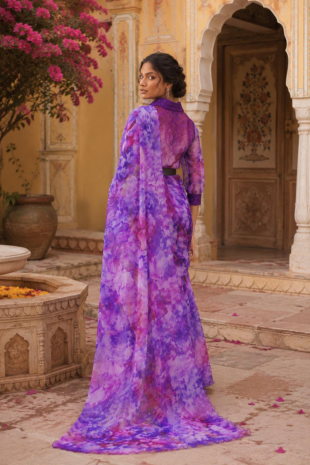 Satin Silk Floral Printed Saree With Unstitched Blouse(lavender) image 2