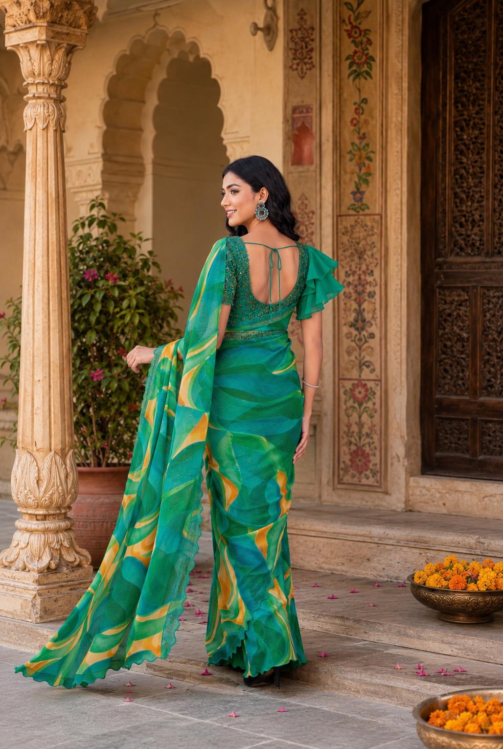 Satin Silk Floral Printed Saree With Unstitched Blouse(green) image 2