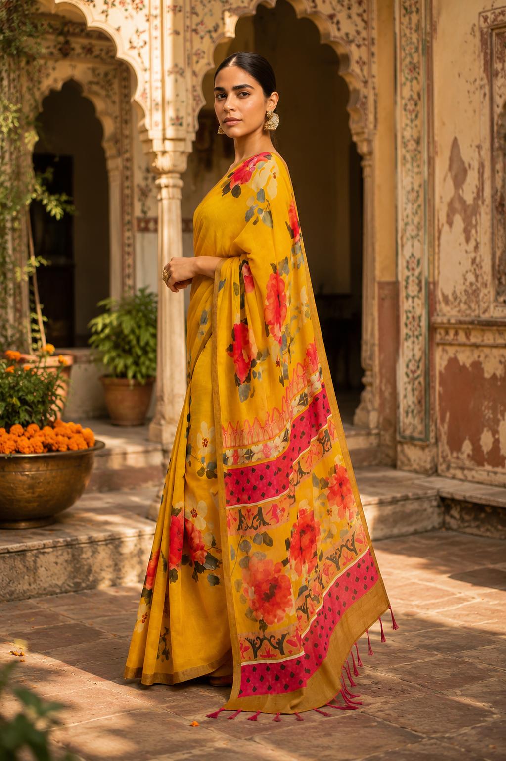 Linen Printed Saree With Unstitched Blouse(yellow) image 2