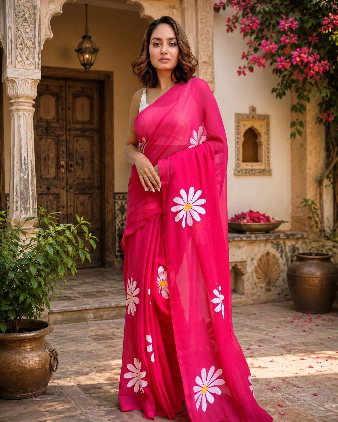 Cotton Linen Floral Printed Saree With Unstitched Blouse(red) image 2