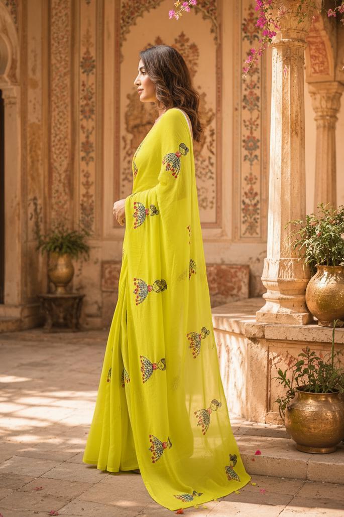 Chanderi Linen Printed Saree With Unstitched Blouse(green) image 2