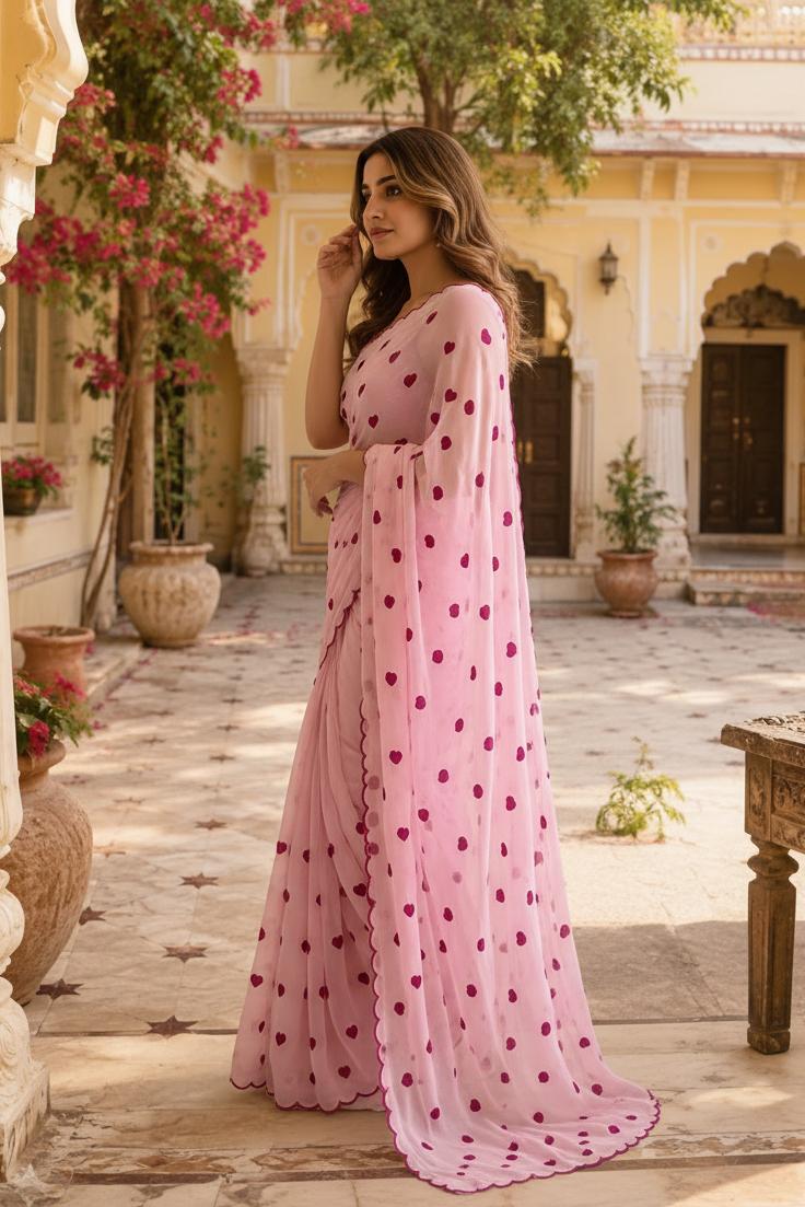 Georgette Printed Saree With Unstitched Blouse(pink) image 2