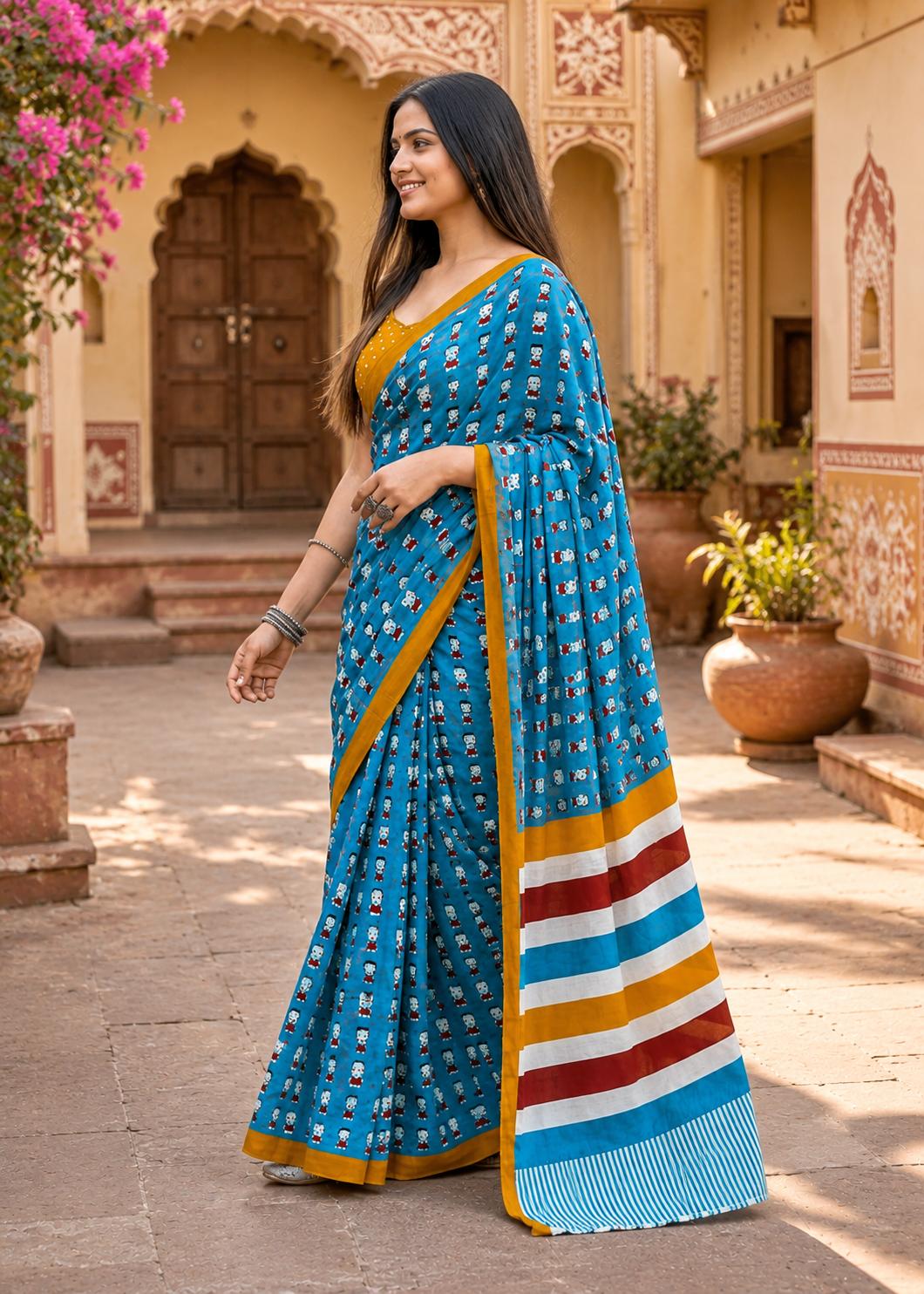 Mulmul Cotton Bagru Block Print Saree With Unstitched Blouse(blue) image 2
