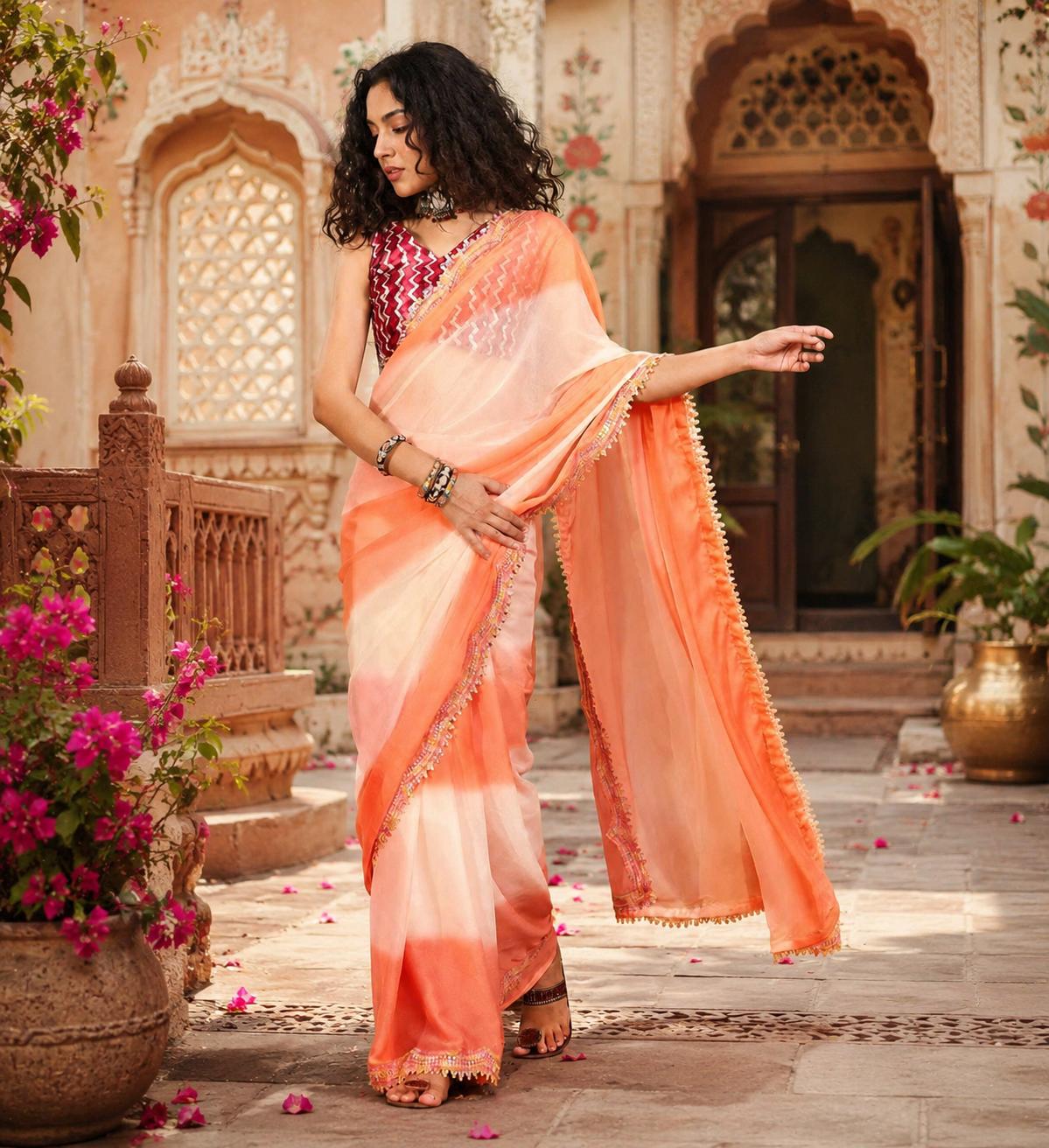 Georgette Embroidery Lace Work Saree With Unstitched Blouse(orange) image 2
