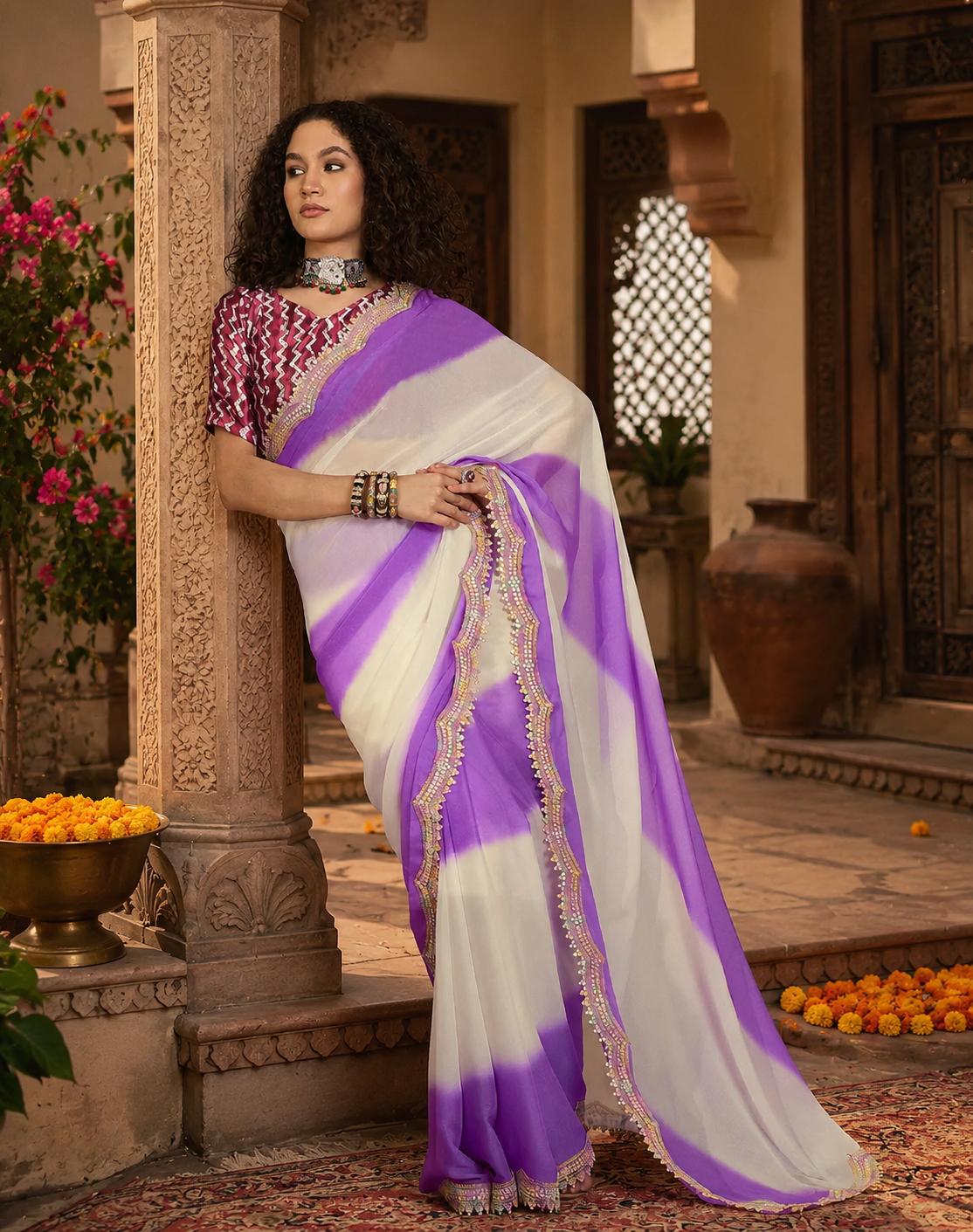 Georgette Embroidery Lace Work Saree With Unstitched Blouse(purple) image 2