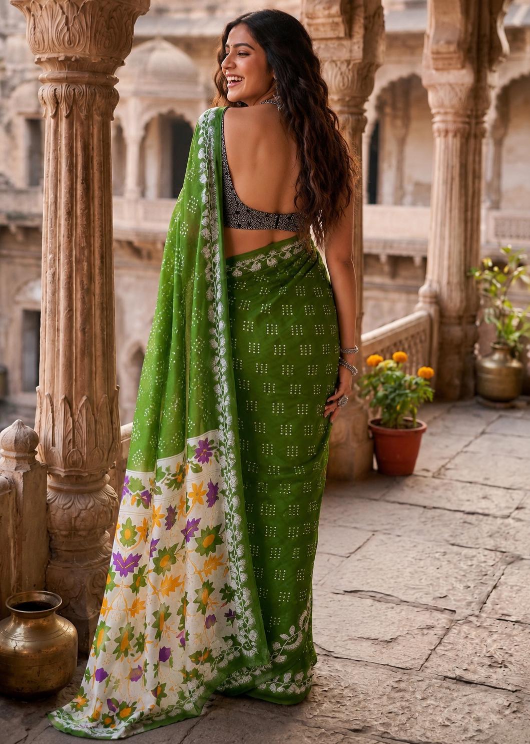 Pure Cotton Bagru Block Printed Saree With Unstitched Blouse(green) image 2