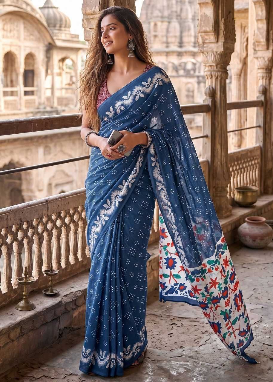 Pure Cotton Bagru Block Printed Saree With Unstitched Blouse(blue) image 2
