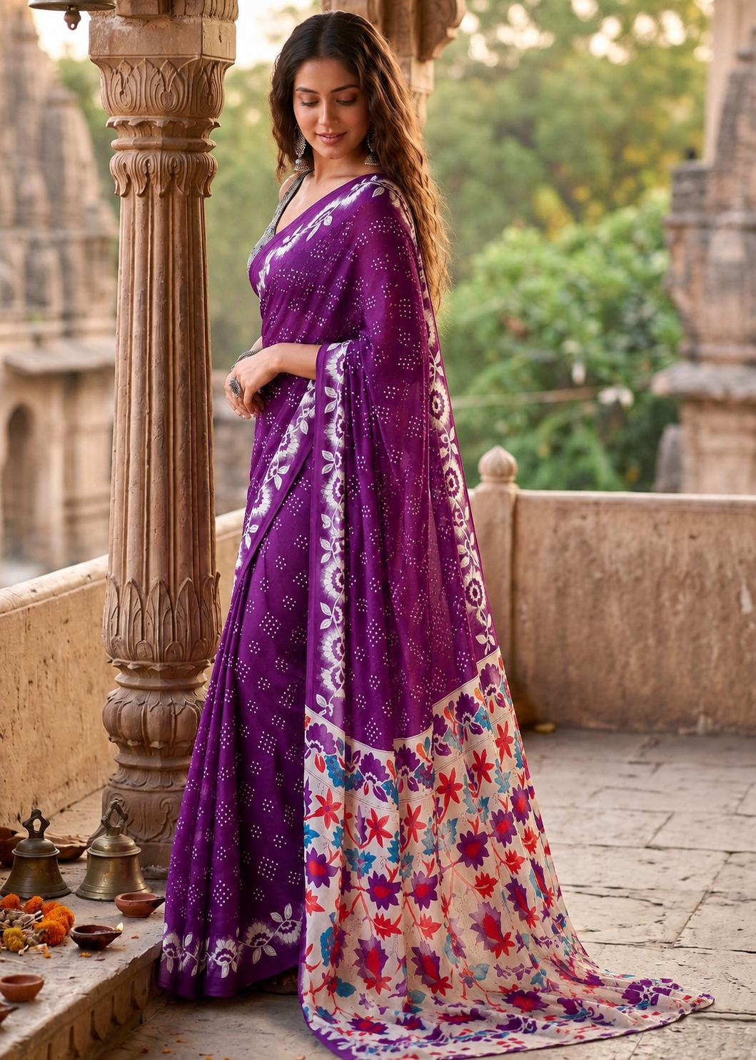 Pure Cotton Bagru Block Printed Saree With Unstitched Blouse(purple) image 2