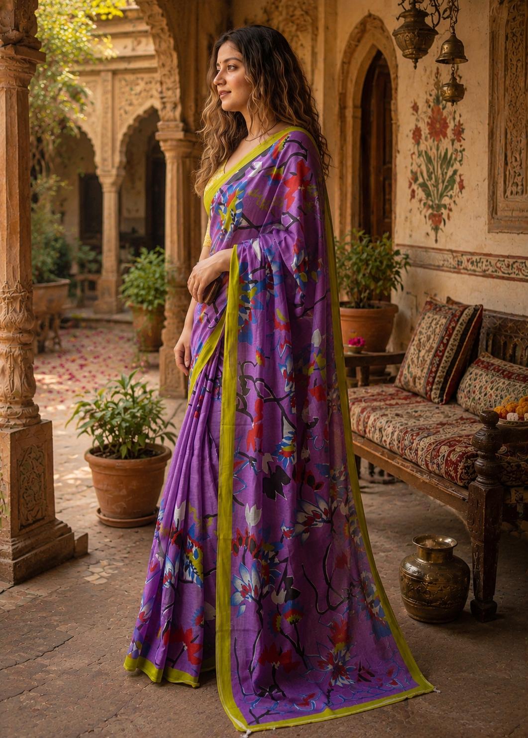 Mulmul Cotton Floral Printed Saree With Unstitched Blouse(purple) image 2