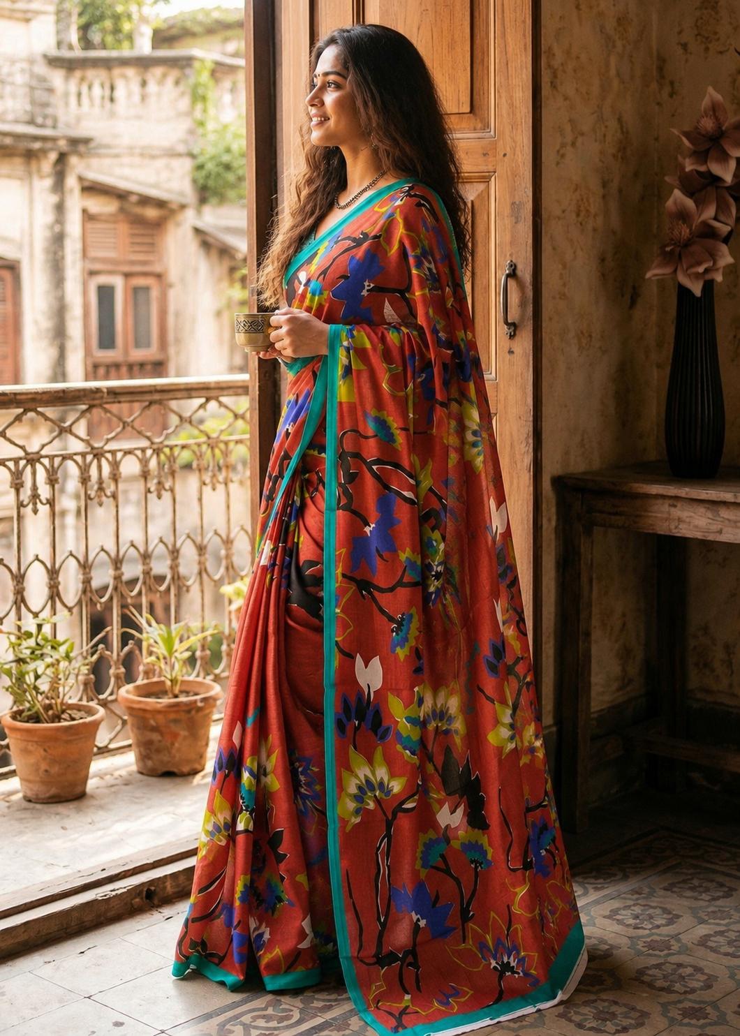 Mulmul Cotton Floral Printed Saree With Unstitched Blouse(orange) image 2