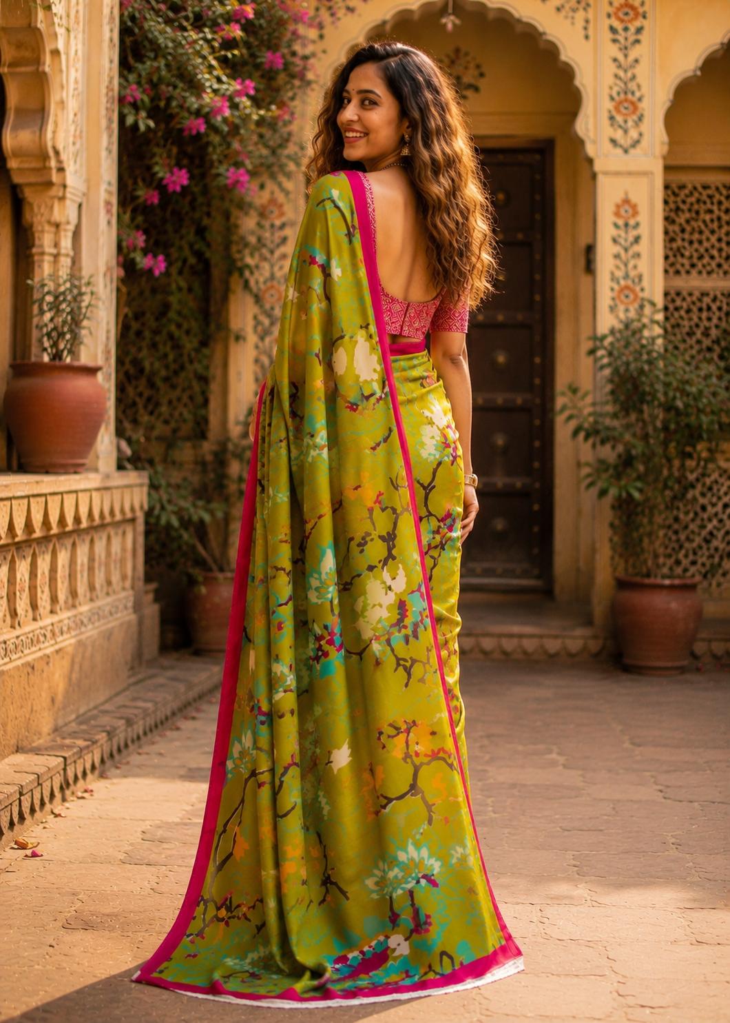 Mulmul Cotton Floral Printed Saree With Unstitched Blouse(green) image 2