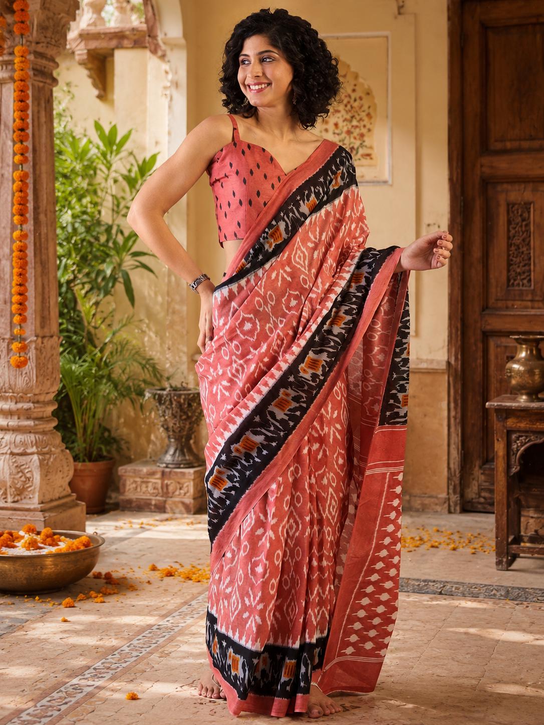 Mulmul Cotton Printed Pocket Saree With Unstitched Blouse(peach) image 2