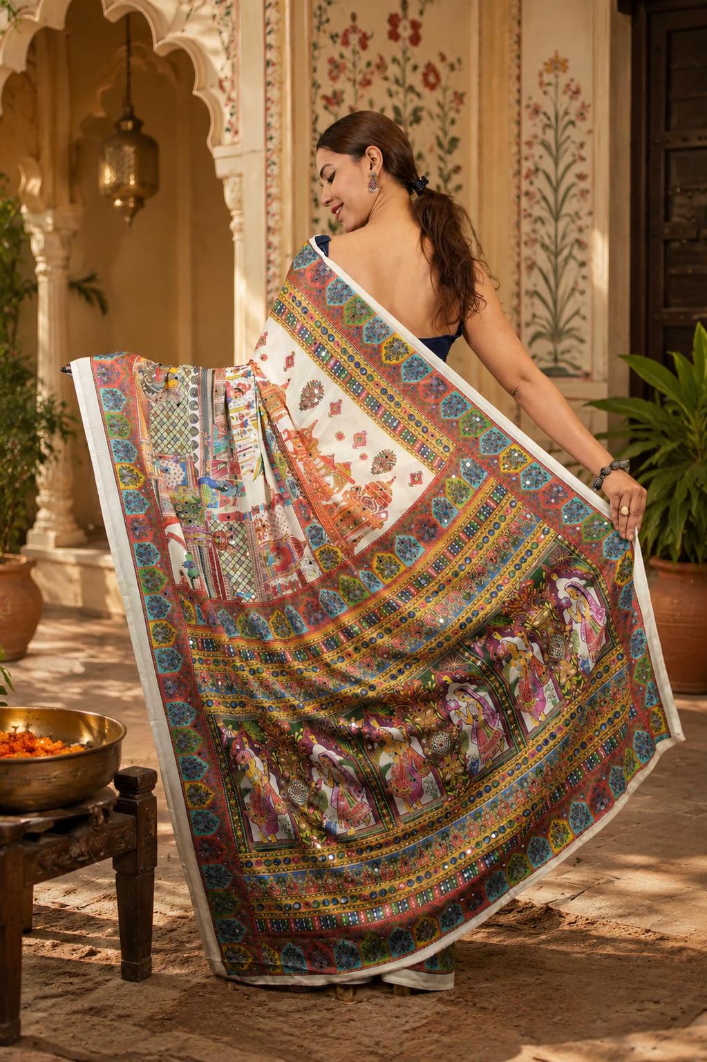 Georgette Digital Print Mirror Work Saree With Unstitched Blouse(white) image 2