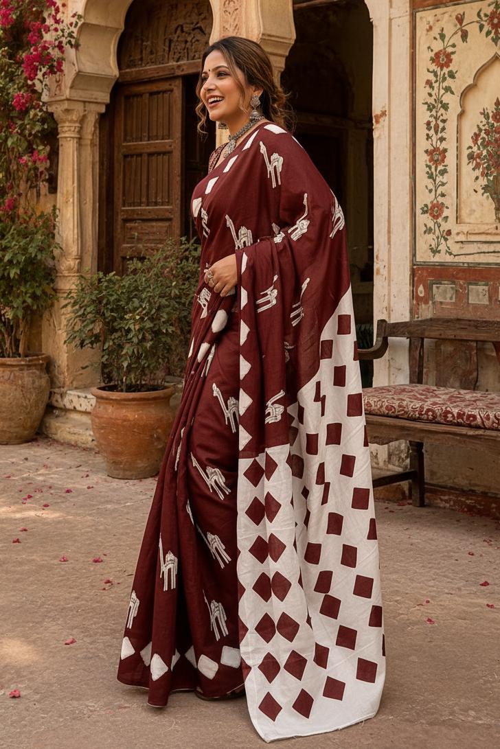 Soft Pure Cotton Printed Saree With Unstitched Blouse(coffee) image 2