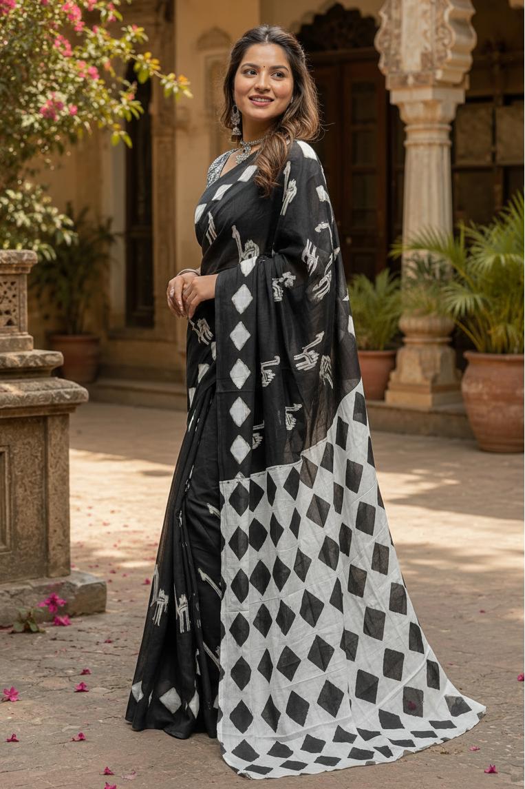 Soft Pure Cotton Printed Saree With Unstitched Blouse(black) image 2