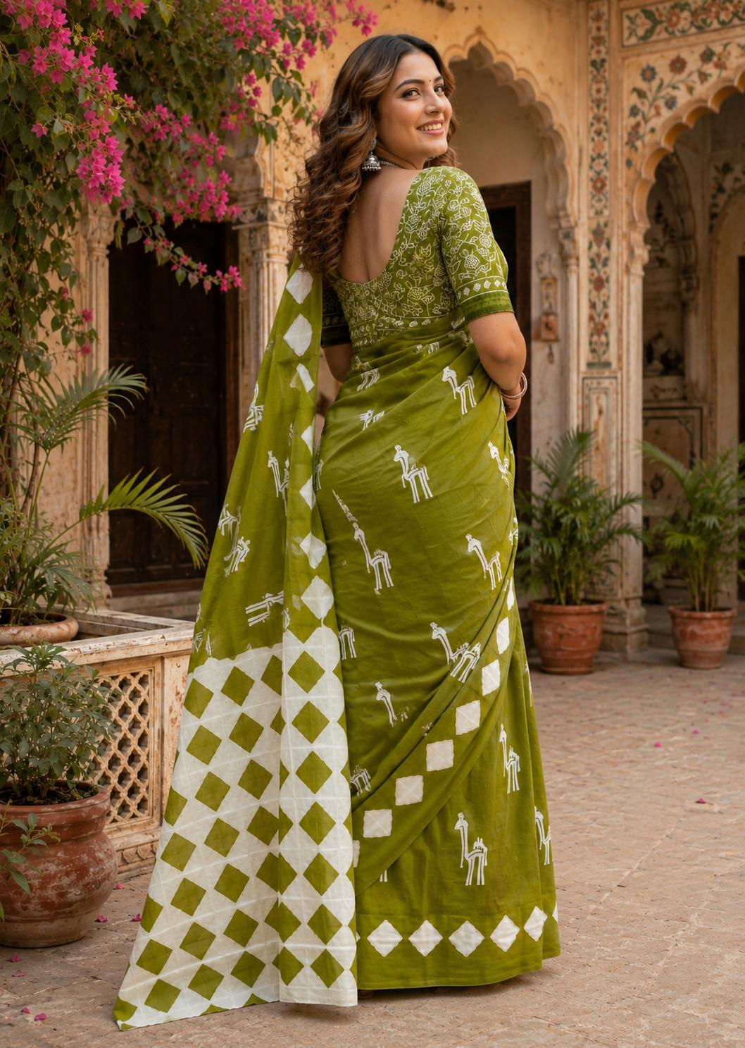 Soft Pure Cotton Printed Saree With Unstitched Blouse(green) image 2