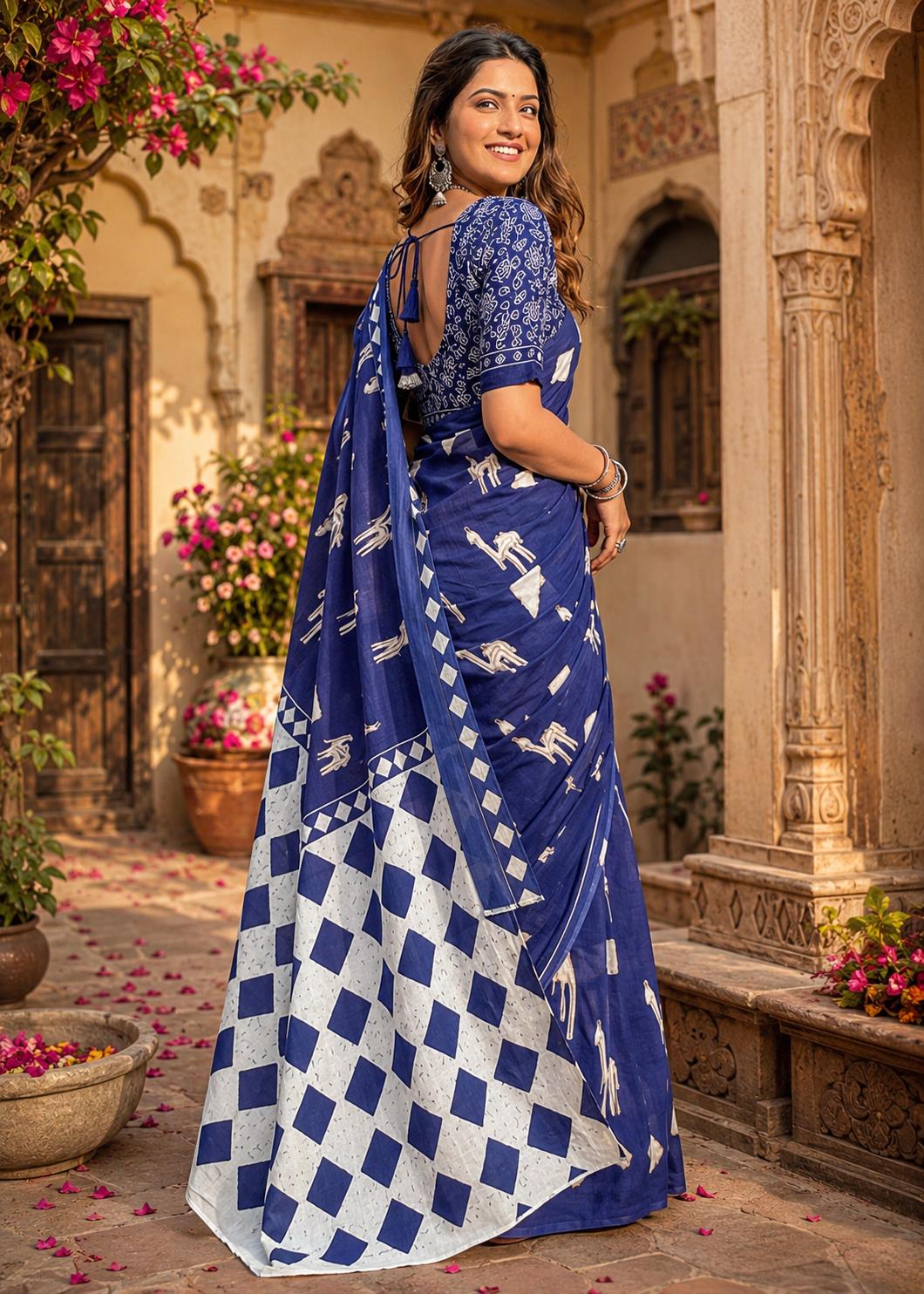 Soft Pure Cotton Printed Saree With Unstitched Blouse(blue) image 2