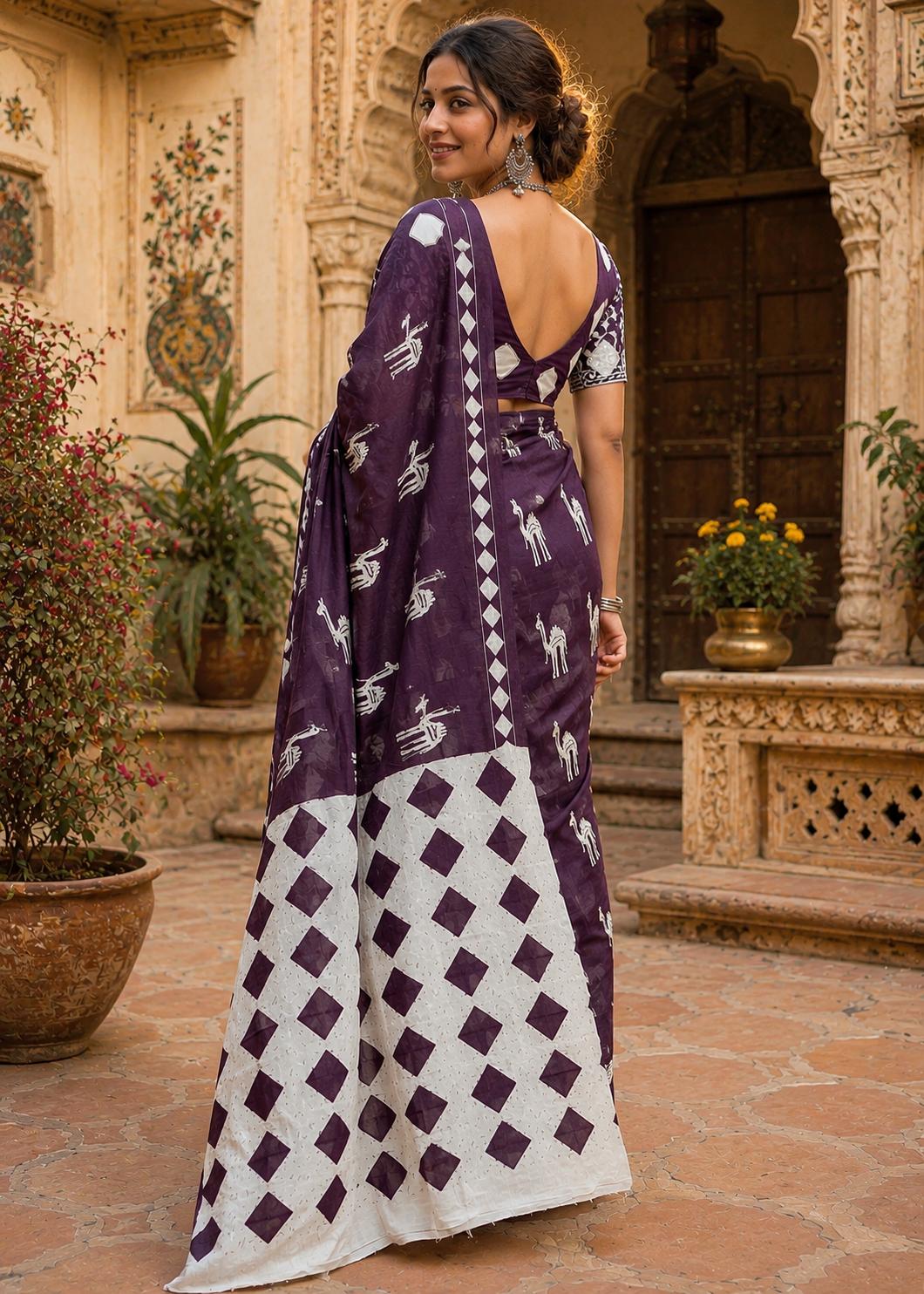 Soft Pure Cotton Printed Saree With Unstitched Blouse(wine) image 2