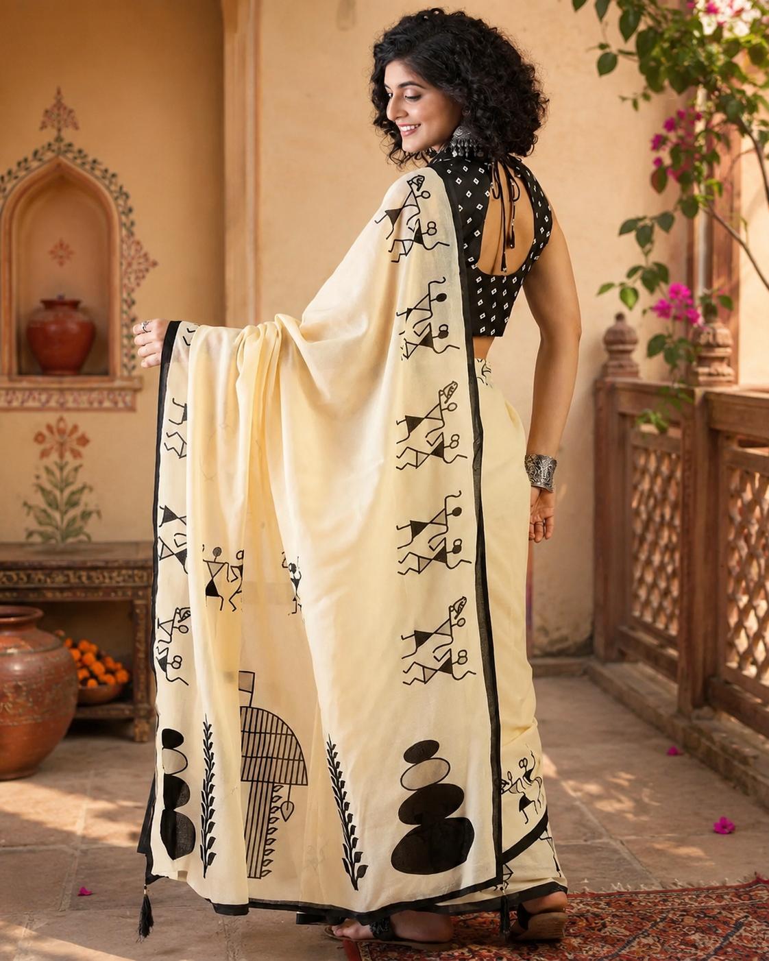 Mulmul Cotton Bagru- Printed Saree With Unstitched Blouse(cream) image 2
