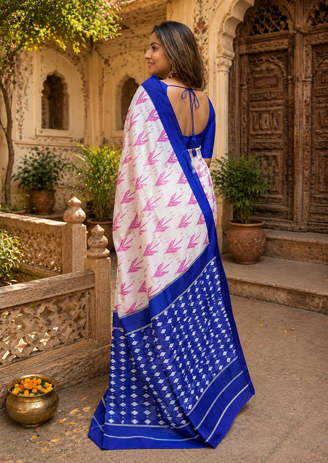 Mulmul Cotton Bagru- Printed Saree With Unstitched Blouse(baby Pink) image 2