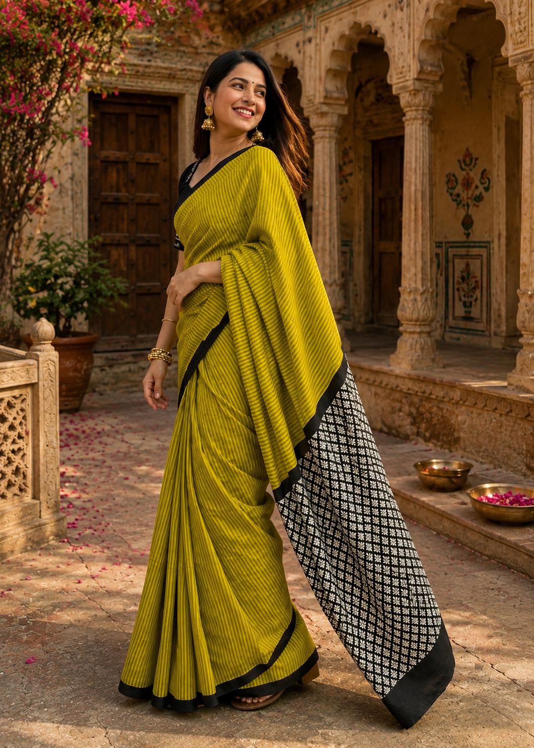 Mulmul Cotton Bagru- Printed Saree With Unstitched Blouse(green) image 2
