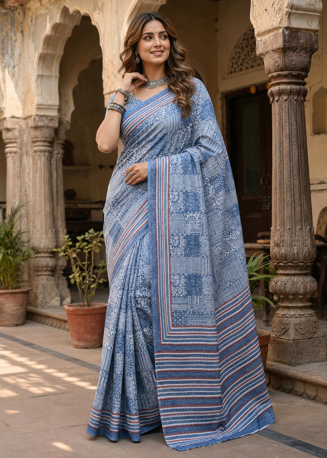 Soft Pure Cotton Bagru-printed Saree With Unstitched Blouse(sky Blue) image 2