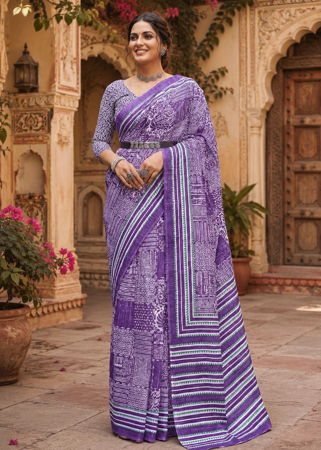 Soft Pure Cotton Bagru-printed Saree With Unstitched Blouse(violet) image 2