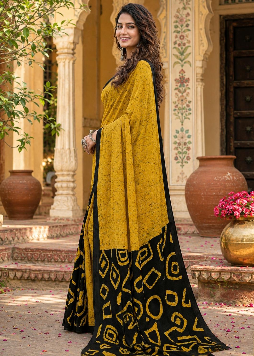 Mulmul Cotton Block Printed Saree With Unstitched Blouse(yellow) image 2