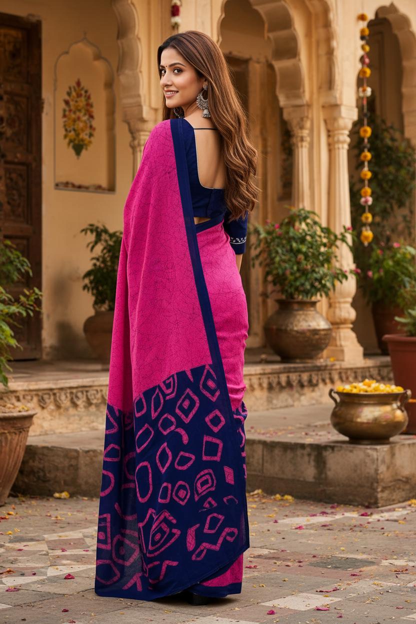 Mulmul Cotton Block Print Saree With Unstitched Blouse(pink) image 2