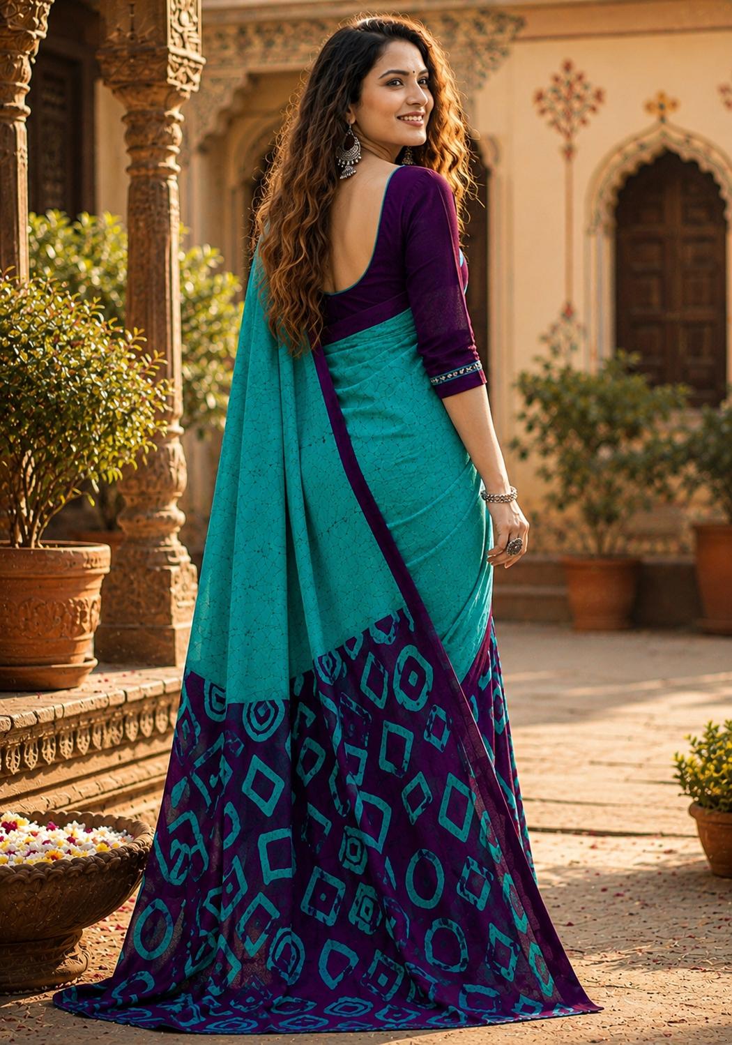 Mulmul Cotton Block Print Saree With Unstitched Blouse(blue) image 2
