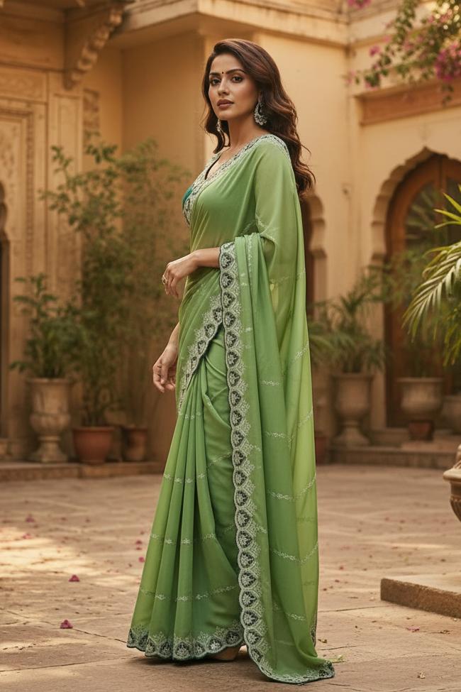 Designer Georgette Saree With Unstitched Blouse(green) image 2