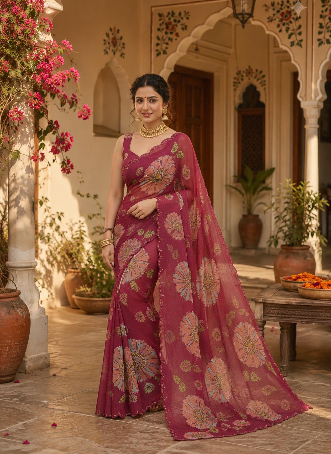 Organza Floral Print Saree With Unstitched Blouse(red) image 2