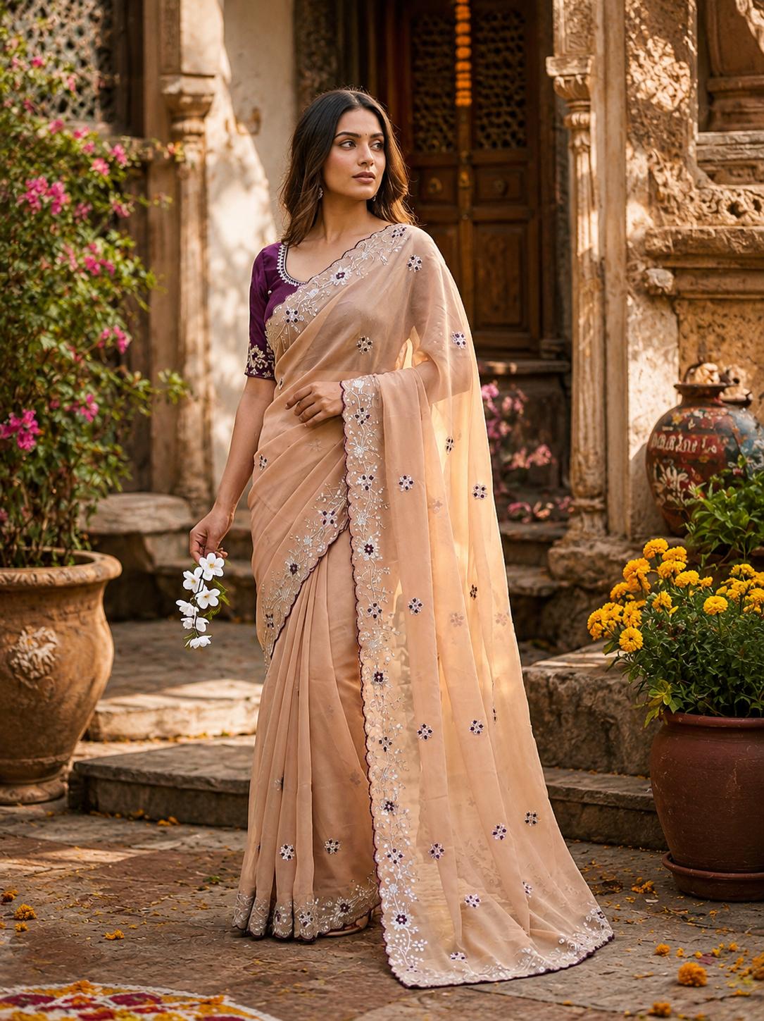 Georgette Embroidery Work Saree With Unstitched Blouse(peach) image 2