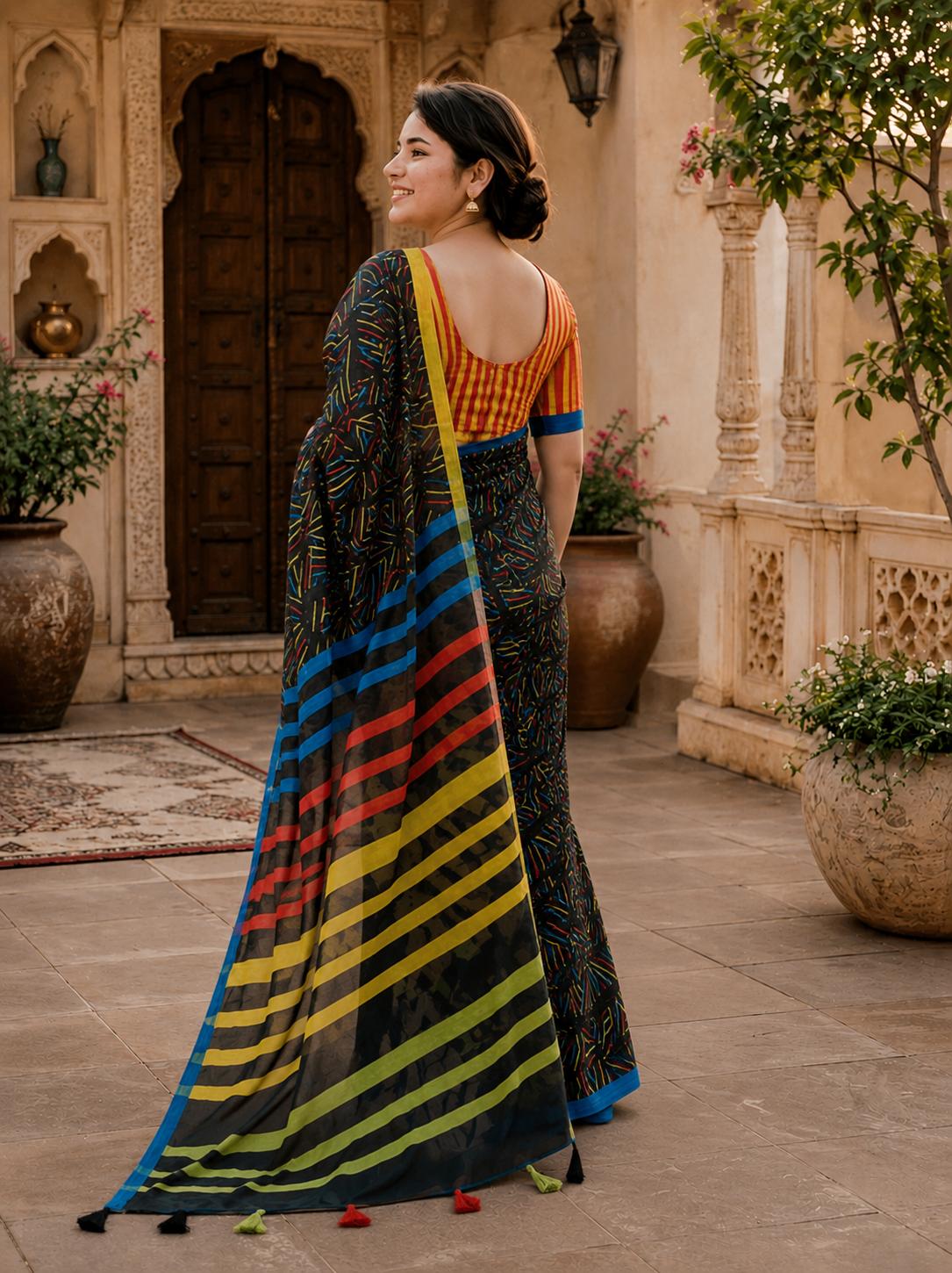 Linen Cotton Saree With Unstitched Blouse(black) image 2